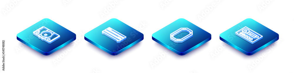Poster set isometric line video game console, , poker table and create account screen icon. vector