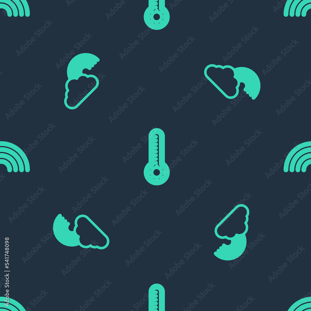 Poster set line meteorology thermometer, rainbow with cloud and on seamless pattern. vector