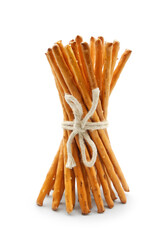 Bundle of salt sticks snack bound with rope isolated on white background  