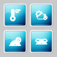 Set line Meteorology thermometer, Thermometer and cloud, sun, Rainbow with and clouds icon. Vector