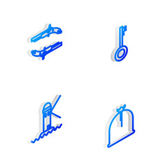 Set Isometric line Pirate key, Vintage pistols, Lighthouse and sack icon. Vector