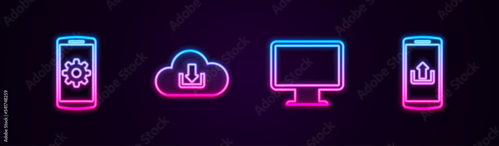 Poster set line setting on smartphone, cloud download, computer monitor screen and smartphone with upload. 