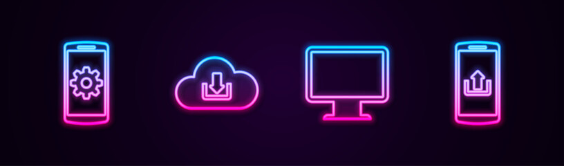 Set line Setting on smartphone, Cloud download, Computer monitor screen and Smartphone with upload. Glowing neon icon. Vector