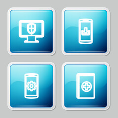 Set line Monitor and shield, Smartphone with download, Setting smartphone and Medical book icon. Vector