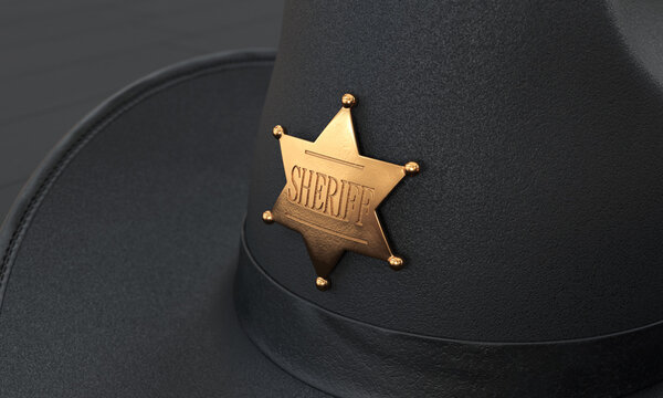 Golden sheriff badge on a black hat close-up, 3d render