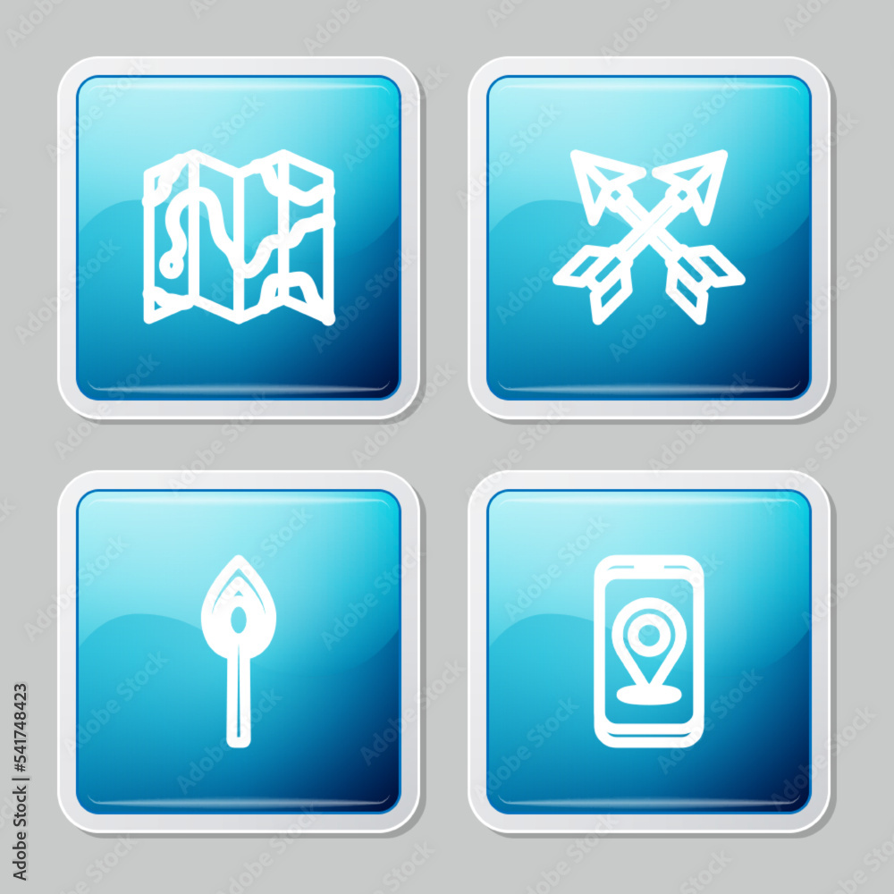Poster set line location of the forest on map, crossed arrows, burning match with fire and city navigation 