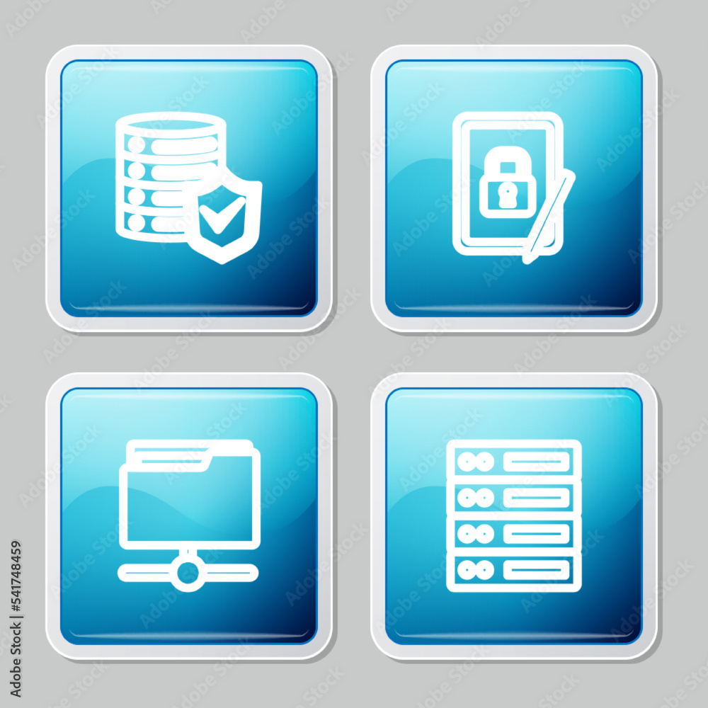 Poster set line server with shield, tablet closed padlock, ftp folder and server, data, web hosting icon. v