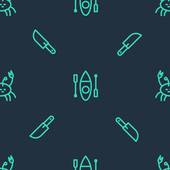 Set line Kayak or canoe, Knife and Crab on seamless pattern. Vector