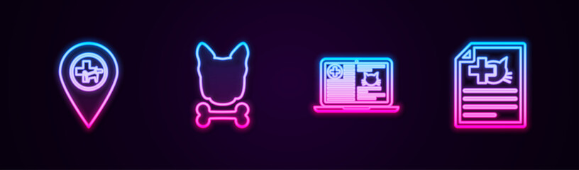 Set line Location veterinary, Dog and bone, Clinical record laptop and Medical certificate for dog. Glowing neon icon. Vector