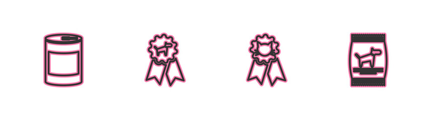 Set line Canned food, Cat award symbol, Dog and Bag of for dog icon. Vector