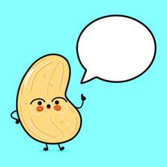 Cute funny cashew with speech bubble. Vector hand drawn cartoon kawaii character illustration icon. Isolated on blue background. Cashew character concept