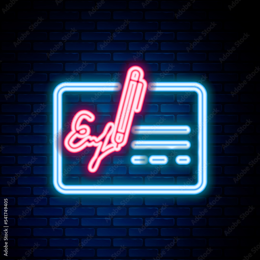 Poster glowing neon line signed document line icon isolated on brick wall background. pen signing a contrac