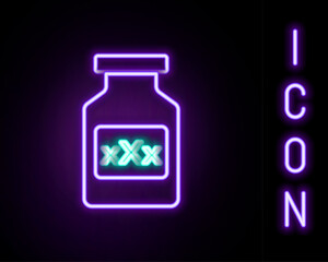 Glowing neon line Medicine bottle with pills for potency, aphrodisiac icon isolated on black background. Sex pills for men and women. Colorful outline concept. Vector