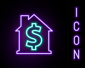 Glowing neon line House with dollar symbol icon isolated on black background. Home and money. Real estate concept. Colorful outline concept. Vector