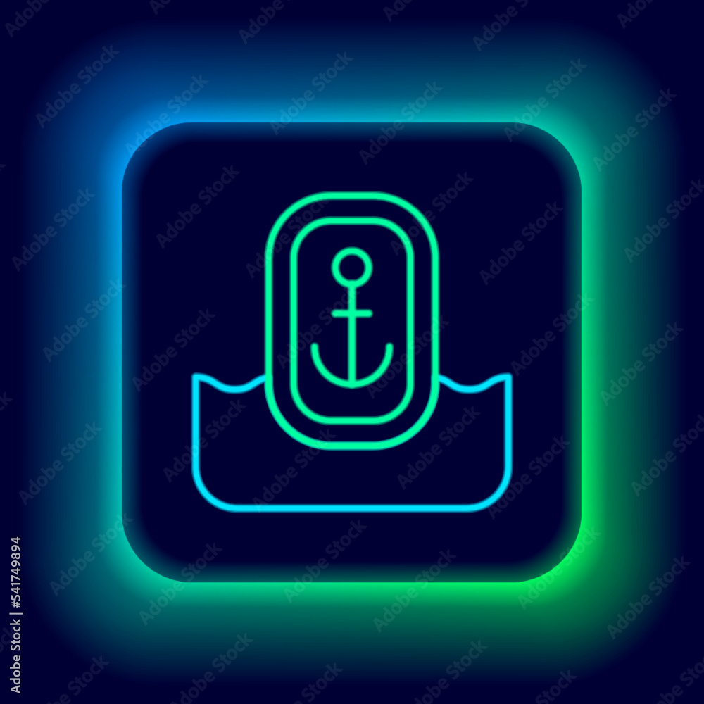 Poster glowing neon line map pointer with anchor icon isolated on black background. colorful outline concep