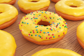 Donut with yellow glaze and multicolored sprinkles among donuts on a wooden table, 3d render