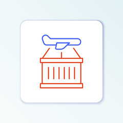 Line Plane icon isolated on white background. Delivery, transportation. Cargo delivery by air. Airplane with parcels, boxes. Colorful outline concept. Vector