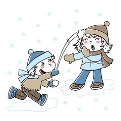 Illustration of a boy and a girl playing with snowballs