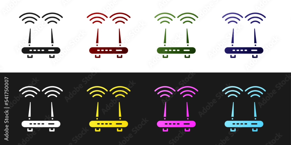 Poster set router and wi-fi signal icon isolated on black and white background. wireless ethernet modem rou
