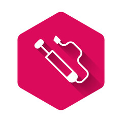 White Bicycle air pump icon isolated with long shadow. Pink hexagon button. Vector