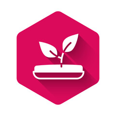 White Sprout icon isolated with long shadow background. Seed and seedling. Leaves sign. Leaf nature. Pink hexagon button. Vector