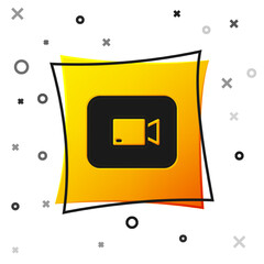 Black Play video button icon isolated on white background. Film strip sign. Yellow square button. Vector