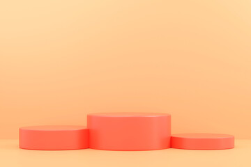 Step podiums on orange background. Abstract minimal scene with geometrical. Modern pedestal show cosmetic products presentation. Mock up design empty space. studio platform template. 3d render