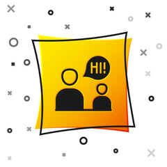 Black Two sitting men talking icon isolated on white background. Speech bubble chat. Message icon. Communication or comment chat symbol. Yellow square button. Vector