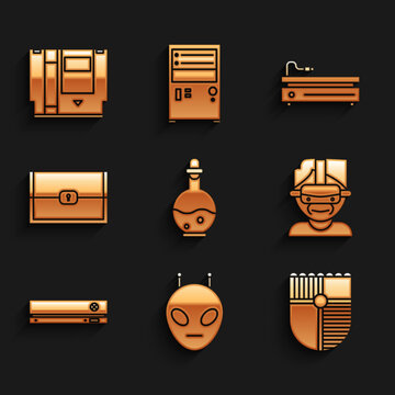 Set Bottle with magic elixir, Alien, Shield for game, Virtual reality glasses, Video console, Chest, and Cartridge icon. Vector
