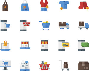 electronic commerce icon set. which contains groceries from, shopping trolleys, package delivery, online transactions and others