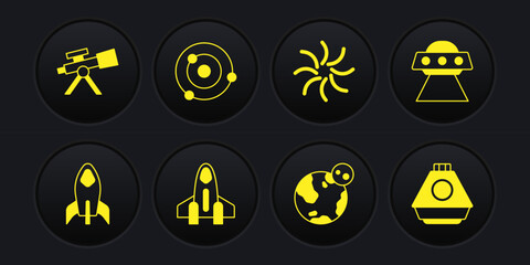 Set Rocket ship, UFO flying spaceship, Earth globe, Black hole, Solar system, Space capsule and Telescope icon. Vector