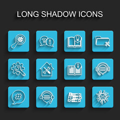 Set line Hashtag speech bubble, Headphones with chat, Microorganisms under magnifier, Office folders, Bacteria, House service, and Interesting facts icon. Vector