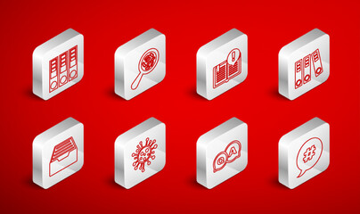Set line Hashtag speech bubble, Microorganisms under magnifier, Interesting facts, Office folders, Question and Answer, Bacteria and Drawer with documents icon. Vector