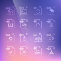 Set line OBJ file document, WMA, PNG, GIF, HTML, MP4, MP3 and CSS icon. Vector