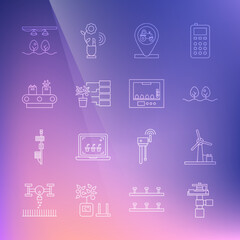 Set line Automatic irrigation sprinklers, Wind turbine, Plant, Tractor and location, Flower analysis, Conveyor belt with box, Smart farm bulb plant and Incubator for eggs icon. Vector