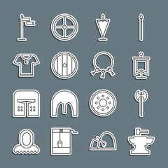 Set line Anvil for blacksmithing hammer, Medieval axe, flag, Round wooden shield, Body armor, and Old keys icon. Vector