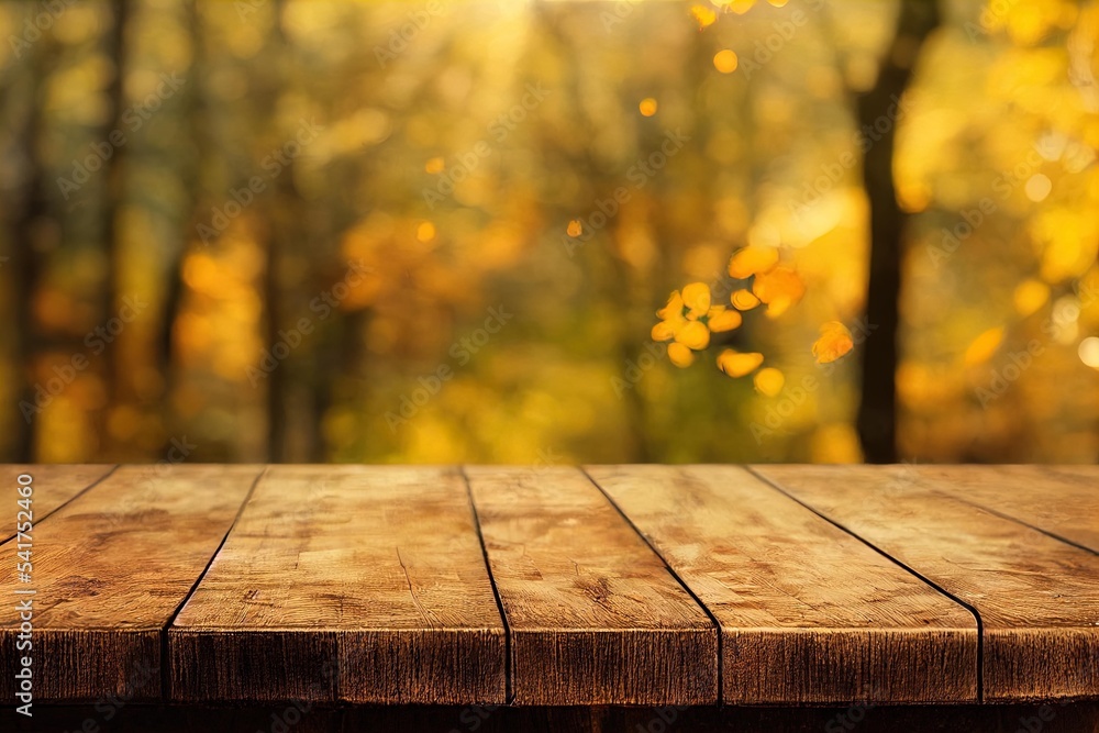 Poster a wooden table in front of a forest, a wood table is displayed in front of trees. generative ai