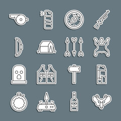 Set line Slingshot, Lighter, Bear skin, Compass, Tourist tent, Bow, Whistle and Hipster arrows icon. Vector