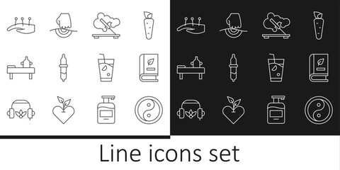 Set line Yin Yang, Medical book, Scented spa stick, Pipette, Massage table with oil, Acupuncture therapy, Fresh smoothie and icon. Vector