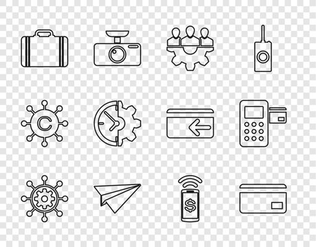 Set line Project management, Credit card, team base, Paper plane, Suitcase for travel, Clock and gear, Contactless payment and Pos terminal icon. Vector
