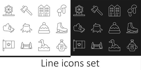 Set line Maple syrup, Skates, House, Tree stump, Canada map, Ferris wheel, Beanie hat and Wooden axe icon. Vector