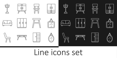 Set line Mirror, Chair, Wardrobe, Sofa, Coat stand, and Chest drawers icon. Vector