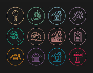 Set line Hanging sign with text Sold, House contract, under protection, Real estate message house, Search, key, Rent and Skyscraper icon. Vector