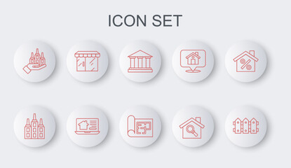 Set line Garden fence wooden, Skyscraper, Museum building, Search house, Market store, Online real estate and House plan icon. Vector