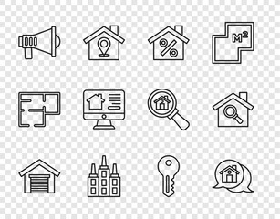 Set line Garage, Real estate message house, House with percant discount, Skyscraper, Megaphone, Online real, key and Search icon. Vector