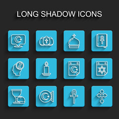 Set line Holy grail or chalice, Star and crescent, Cross ankh, Christian cross, Burning candle, Jewish calendar and icon. Vector
