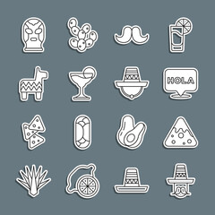 Set line Mexican man sombrero, Nachos, Hola, Mustache, Margarita cocktail, Pinata, wrestler and icon. Vector © vector_v