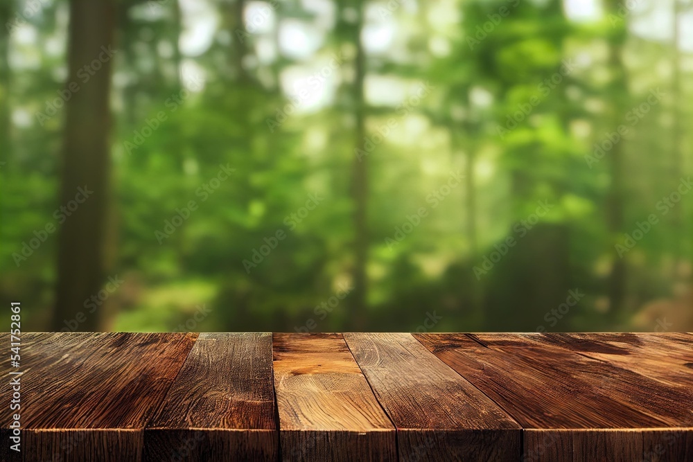 Poster a wooden table in the foreground with a blurred background of trees the table is the main focus of t