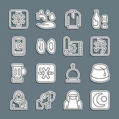 Set line Star and crescent, Turkish hat, Speaker mute, Shirt kurta, Date fruit, No alcohol and Traditional carpet icon. Vector