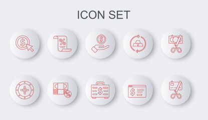 Set line Scissors cutting a credit card, Safe, Hand giving money, Online banking with dollar, Coin, Finance document, Money percent and Briefcase icon. Vector